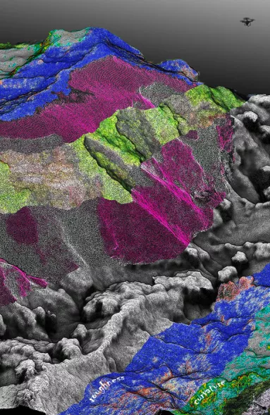 Image of a geological fault produced using a laser scanner showing a three dimensional point cloud of slope failures in the Sensuikyo Valley (Also City, Kumamoto, Japan) obtained by UAS-based SfM-MVS photogrammetry